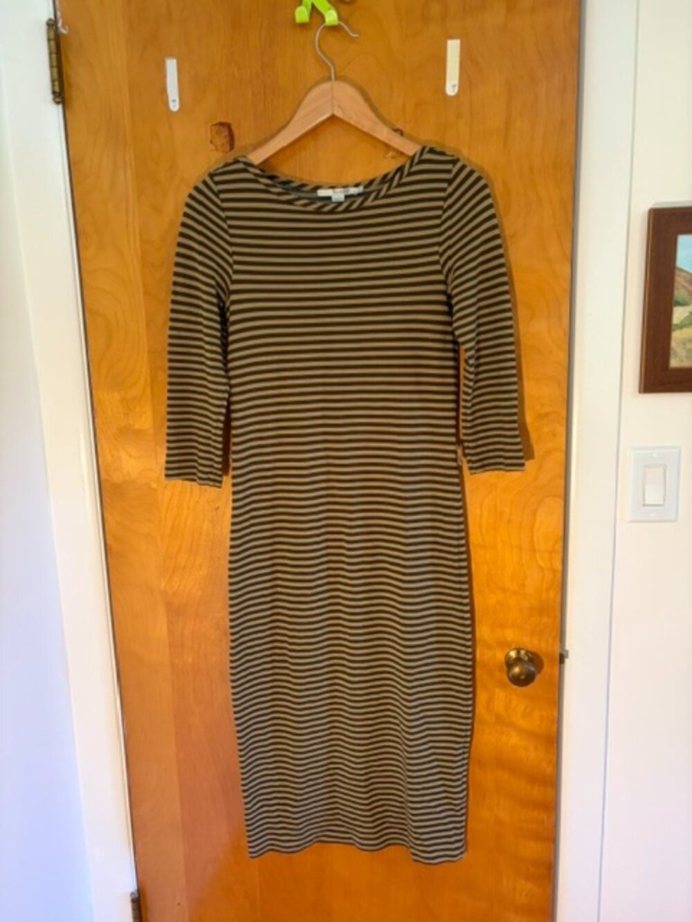Olive and tan striped Boden midi-dress